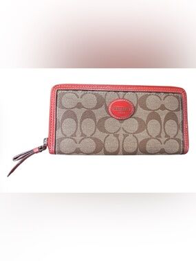 Coach Signature Zip Around Wallet in Brown and Red